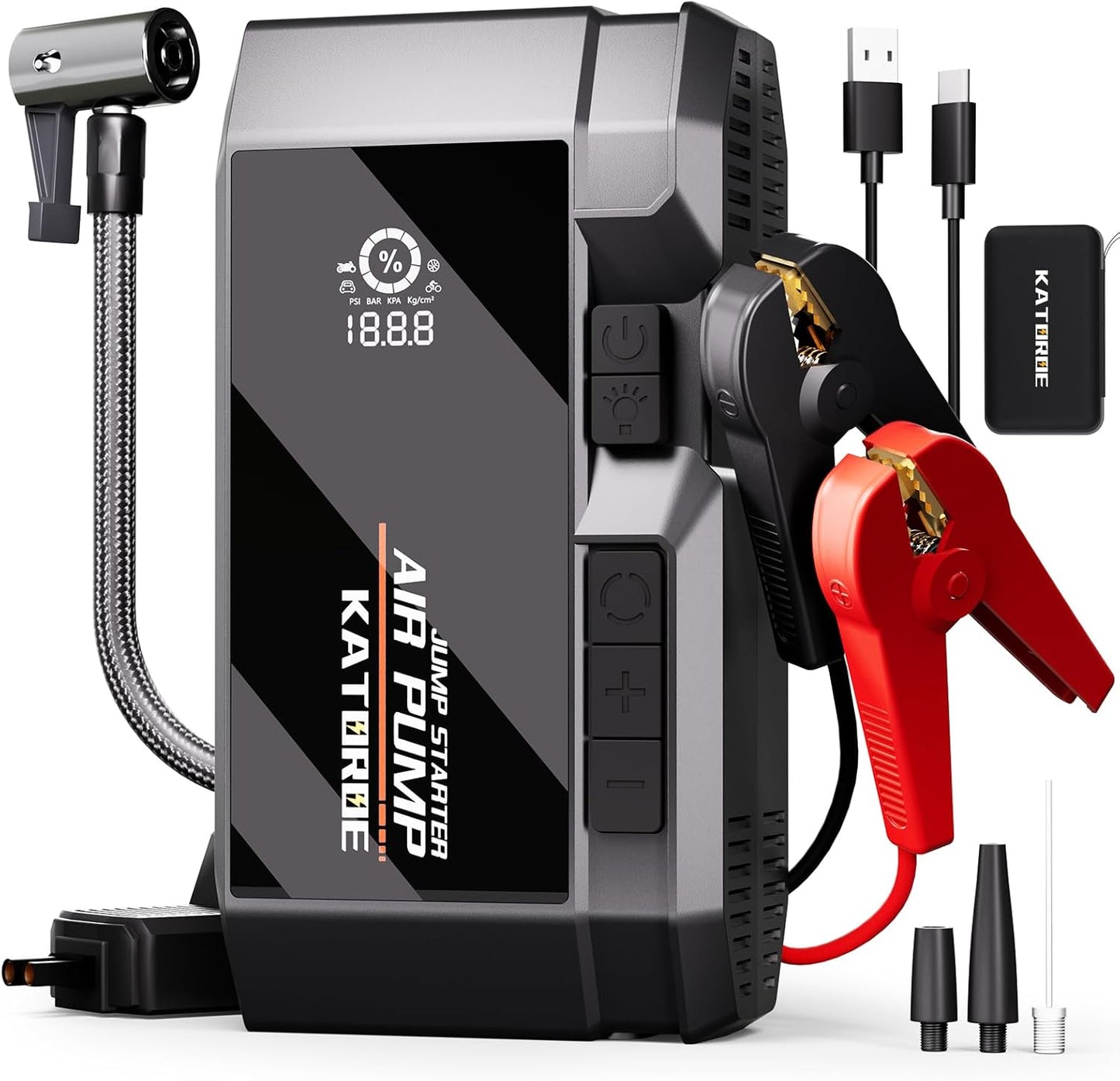 Katoroe Auto-Starthilfe 12V mit Luftkompressor, 4000 A Autobatterie-Starthilfe tragbar (10 l Benzin/8 l Diesel)