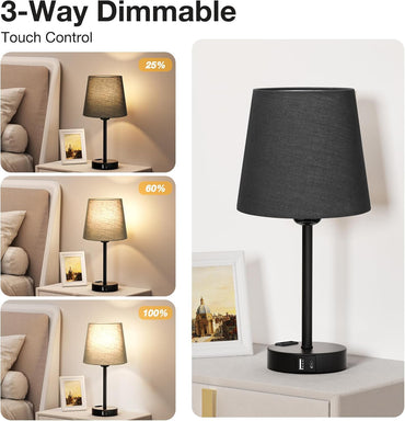 Kakanuo Nachttischlampe Touch Dimmbar 2er Set,Tischlampe avec fonction de charge USB A+C Noir