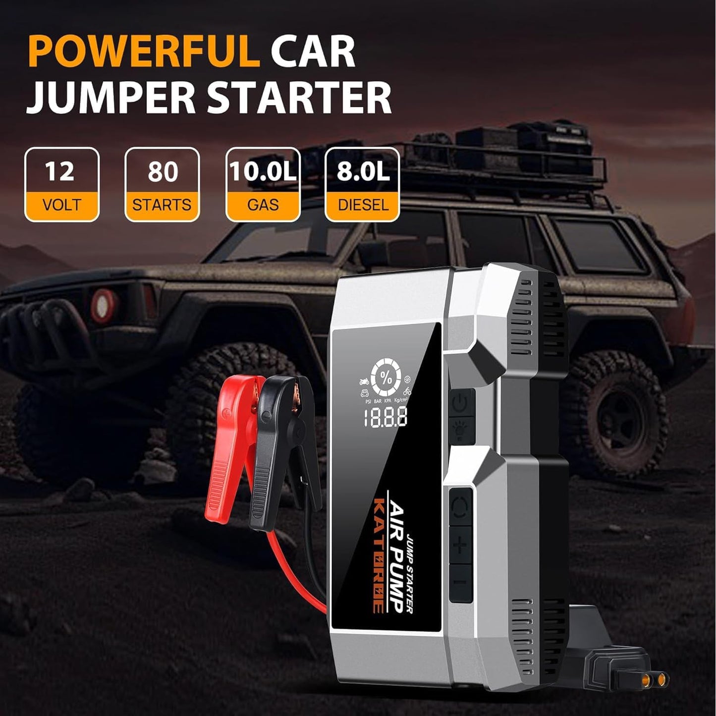 Katoroe Auto-Starthilfe 12V mit Luftkompressor, 4000 A Autobatterie-Starthilfe tragbar (10 l Benzin/8 l Diesel)