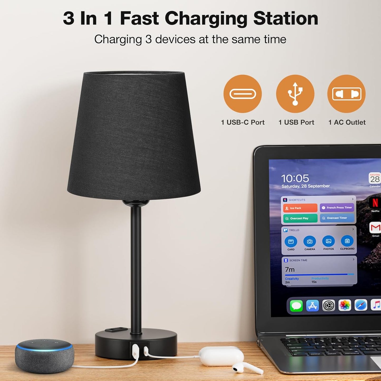 Kakanuo Nachttischlampe Touch Dimmbar 2er Set,Tischlampe avec fonction de charge USB A+C Noir