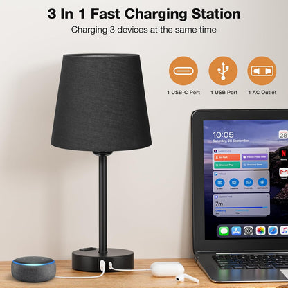 Kakanuo Nachttischlampe Touch Dimmbar 2er Set,Tischlampe avec fonction de charge USB A+C Noir