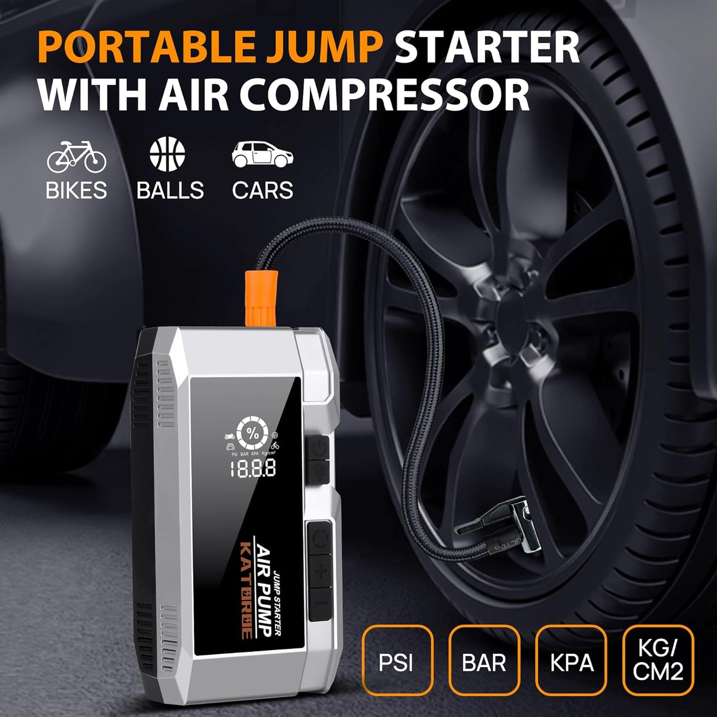 Katoroe Auto-Starthilfe 12V mit Luftkompressor, 4000 A Autobatterie-Starthilfe tragbar (10 l Benzin/8 l Diesel)