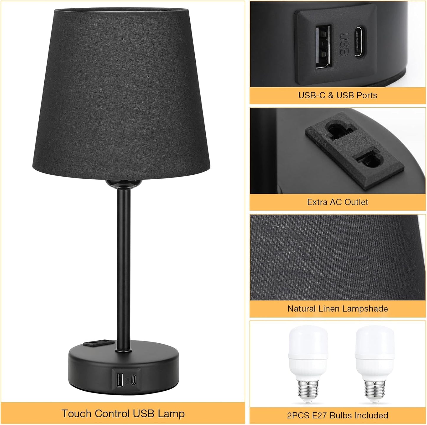 Kakanuo Nachttischlampe Touch Dimmbar 2er Set,Tischlampe avec fonction de charge USB A+C Noir