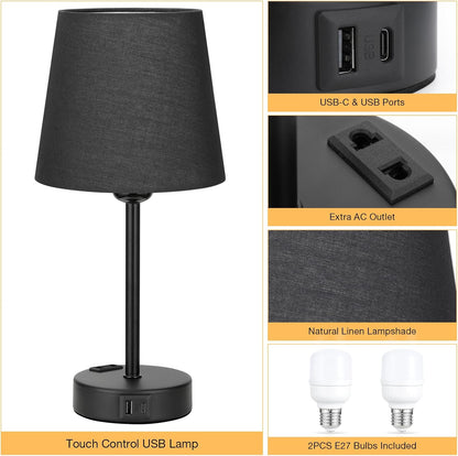Kakanuo Nachttischlampe Touch Dimmbar 2er Set,Tischlampe avec fonction de charge USB A+C Noir