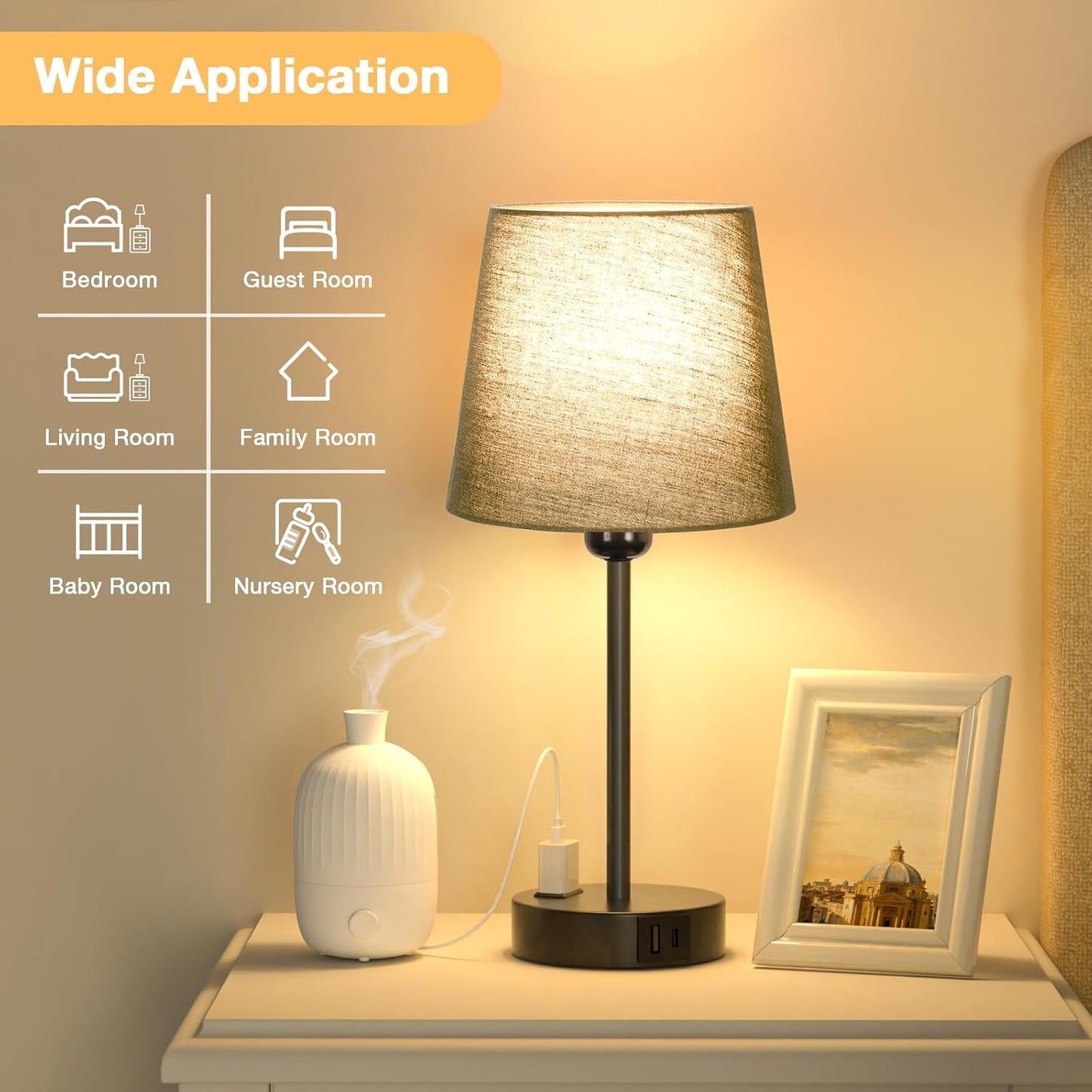 Kakanuo Nachttischlampe Touch Dimmbar 2er Set,Tischlampe avec fonction de charge USB A+C Noir