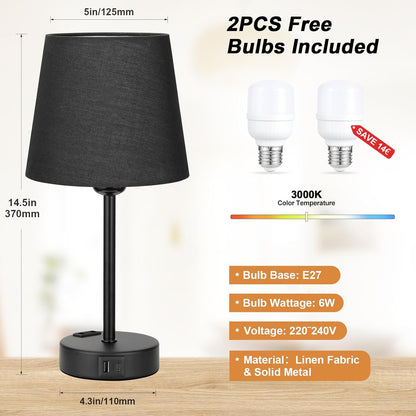 Kakanuo Nachttischlampe Touch Dimmbar 2er Set,Tischlampe avec fonction de charge USB A+C Noir
