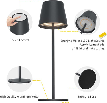 K-Bright 2 Stück LED Dimmbare Akku Tischlampe Kabellose, 3000K+RGB Anthrazit