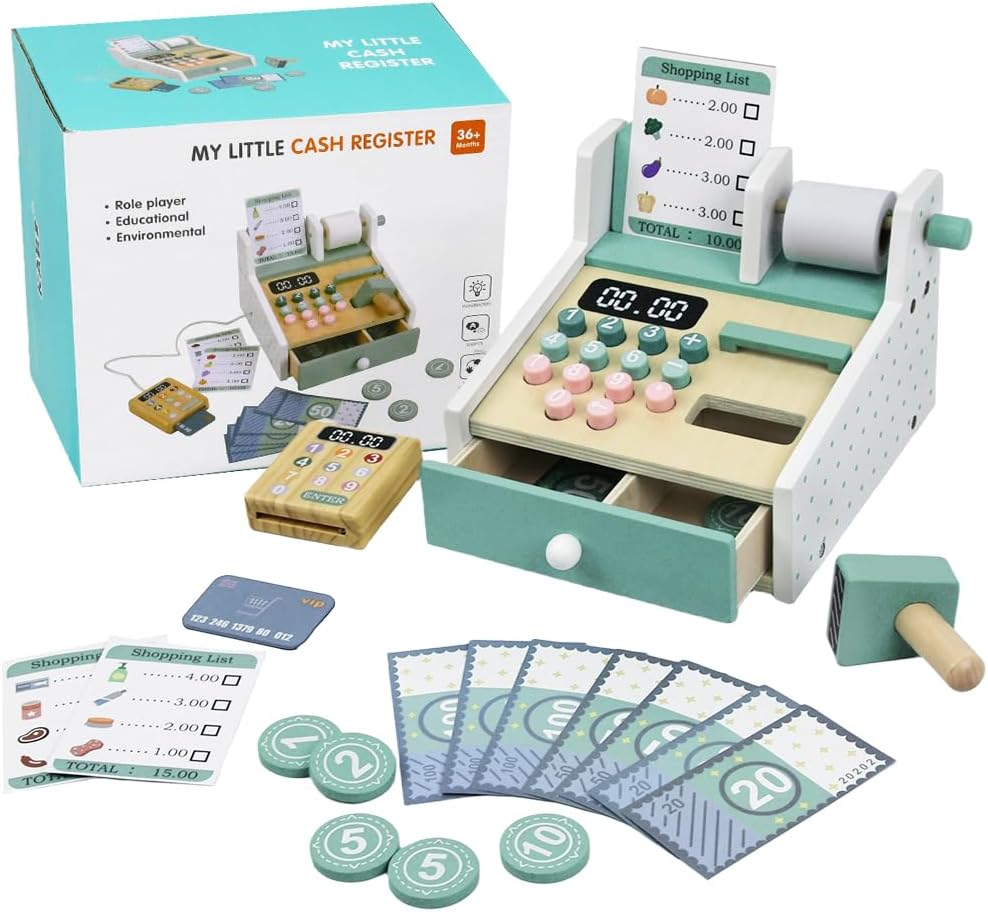 KABI Spielzeug-Registrierkasse aus Holz für Kinder Rollenspiel-Set mit Scanner