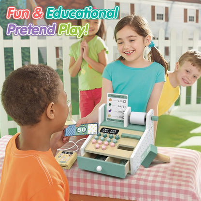 KABI Spielzeug-Registrierkasse aus Holz für Kinder Rollenspiel-Set mit Scanner