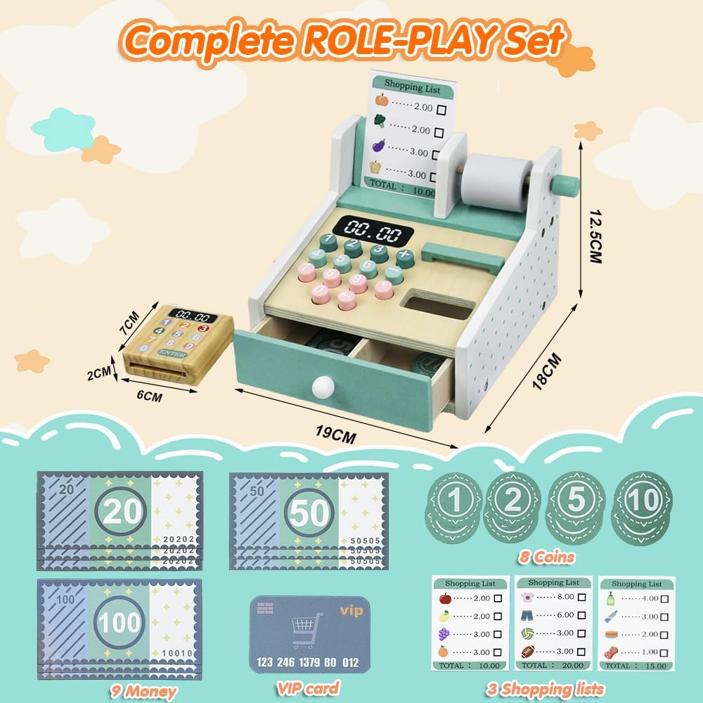 KABI Spielzeug-Registrierkasse aus Holz für Kinder Rollenspiel-Set mit Scanner
