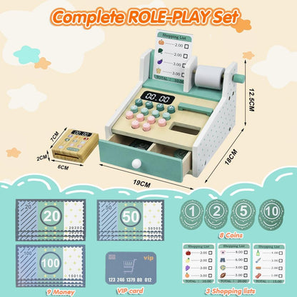 KABI Spielzeug-Registrierkasse aus Holz für Kinder Rollenspiel-Set mit Scanner