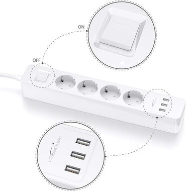 KabelDirekt Prises 4 prises avec protection contre les surtensions Station de charge USB 3 prises (max. 4000 W/250 V/16 A avec protection haute tension, blanc)