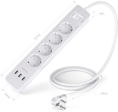 KabelDirekt Prises 4 prises avec protection contre les surtensions Station de charge USB 3 prises (max. 4000 W/250 V/16 A avec protection haute tension, blanc)