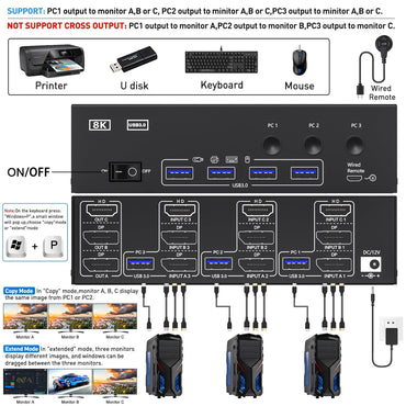 KCEVE HDMI + DisplayPort USB 3.0  KVM Switch 3 Computer 3 Monitore