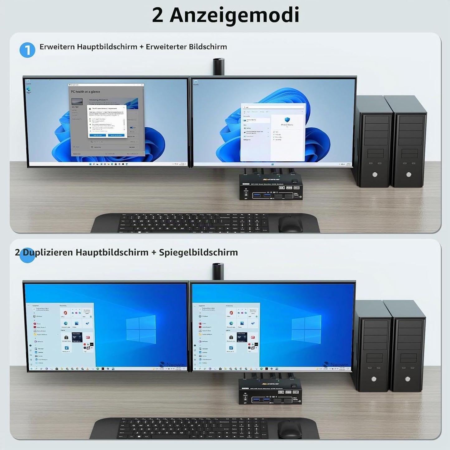 KCEVE KVM Switch 2 PC 2 Monitore 8K, Displayport + HDMI USB 3.0 KVM Umschalter für zwei Monitore