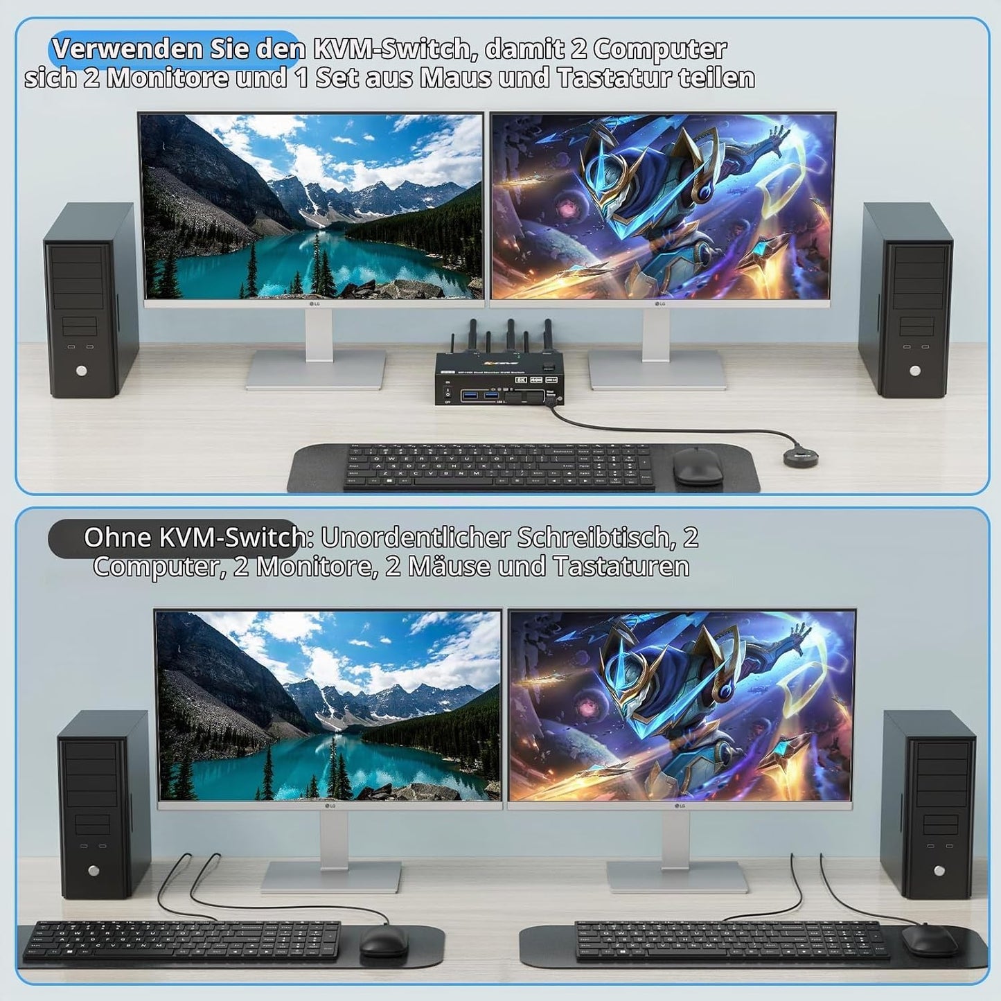 KCEVE KVM Switch 2 PC 2 Monitore 8K, Displayport + HDMI USB 3.0 KVM Umschalter für zwei Monitore