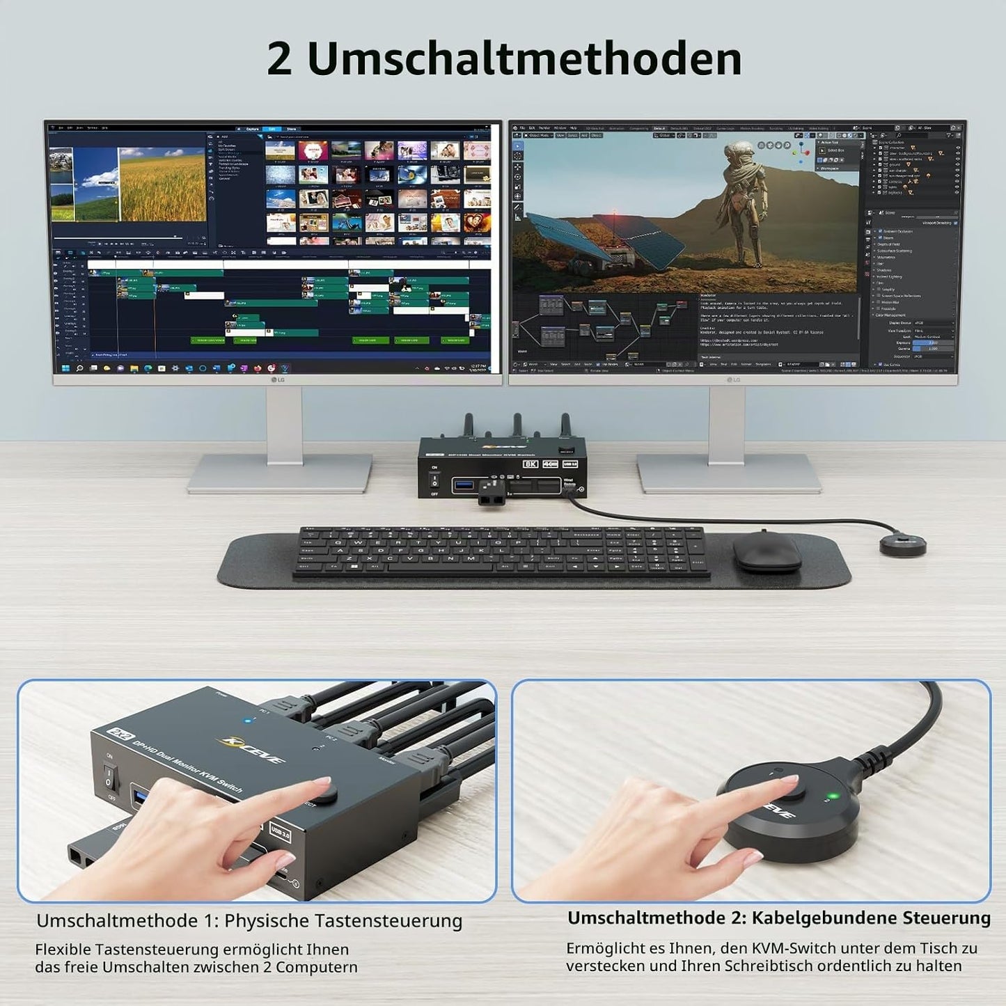 KCEVE KVM Switch 2 PC 2 Monitore 8K, Displayport + HDMI USB 3.0 KVM Umschalter für zwei Monitore