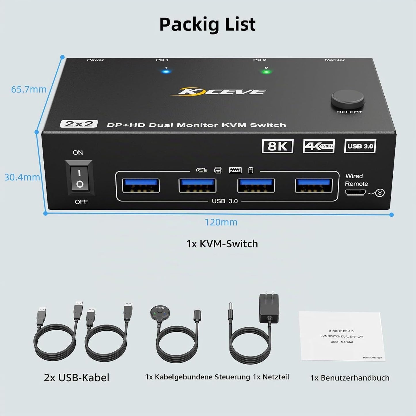 KCEVE KVM Switch 2 PC 2 Monitore 8K, Displayport + HDMI USB 3.0 KVM Umschalter für zwei Monitore