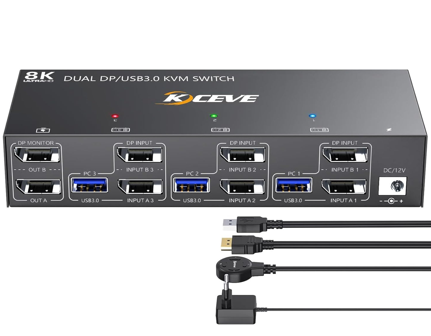 KCEVE USB 3.0 KVM Switch 3 PC 2 Monitore Displayport, KVM Switch 4K@144Hz 8K@30Hz, KVM Switch Dual Monitor Displayport 1.4, KVM Switches 2 Monitore für 3 PC und Maus Tastatur
