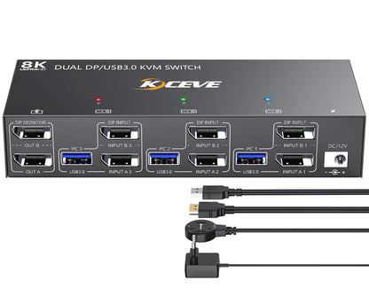 KCEVE USB 3.0 KVM Switch 3 PC 2 Monitore Displayport, KVM Switch 4K@144Hz 8K@30Hz, KVM Switch Dual Monitor Displayport 1.4, KVM Switches 2 Monitore für 3 PC und Maus Tastatur