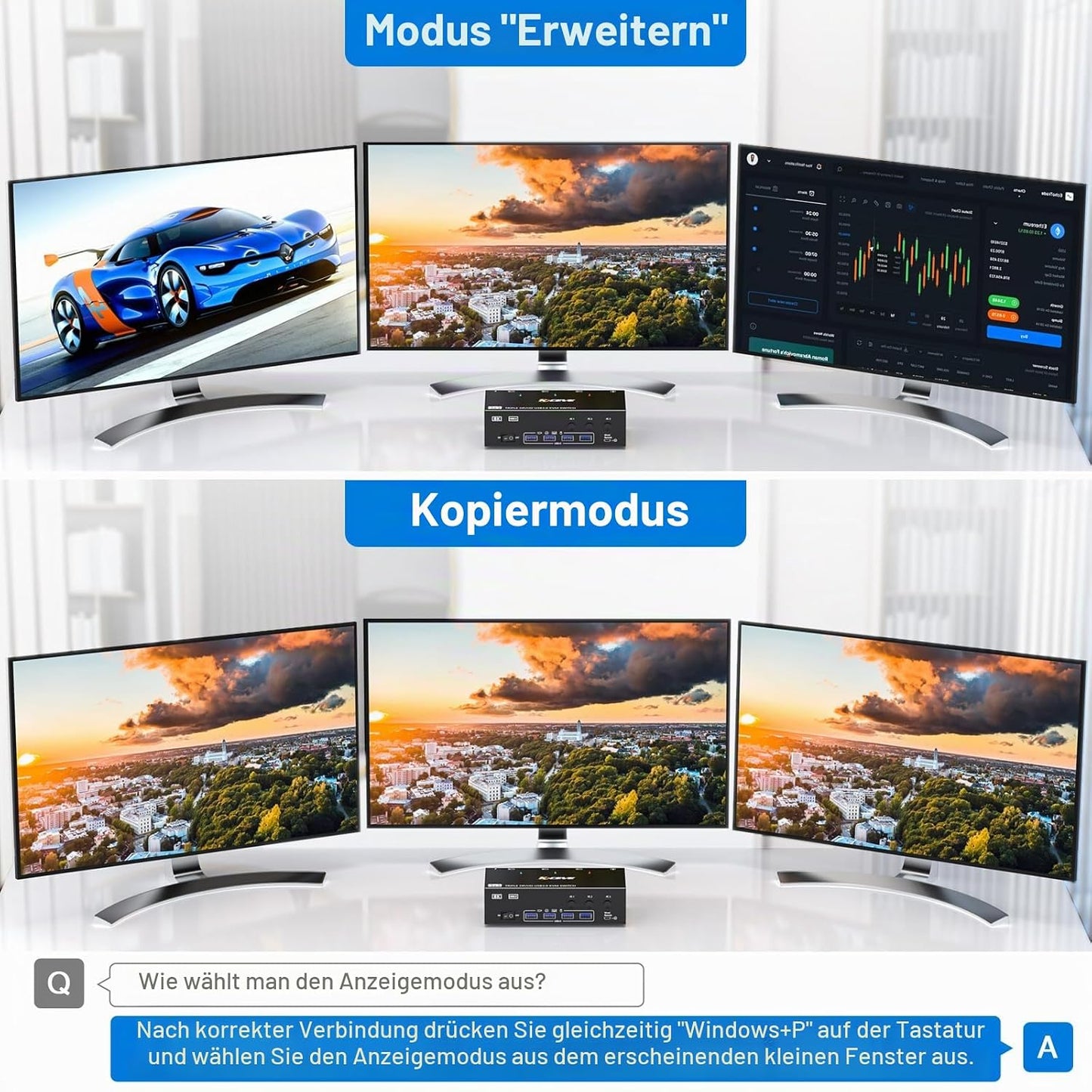 KCEVE HDMI + DisplayPort USB 3.0  KVM Switch 3 Computer 3 Monitore