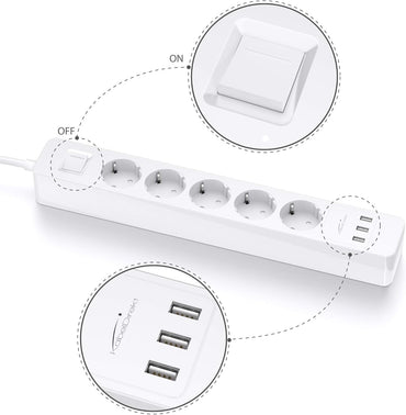 KabelDirekt Prises 5 prises avec protection contre les surtensions Station de charge USB 3 prises (max. 4000 W/250 V/16 A avec protection haute tension, blanc)