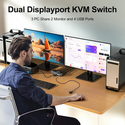 KCEVE USB 3.0 KVM Switch 3 PC 2 Monitore Displayport, KVM Switch 4K@144Hz 8K@30Hz, KVM Switch Dual Monitor Displayport 1.4, KVM Switches 2 Monitore für 3 PC und Maus Tastatur