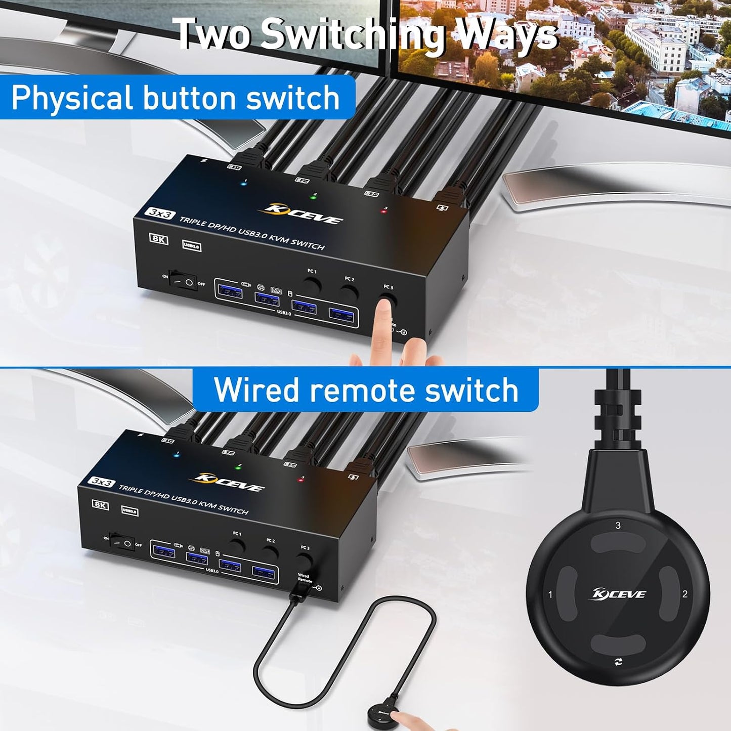 KCEVE HDMI + DisplayPort USB 3.0  KVM Switch 3 Computer 3 Monitore