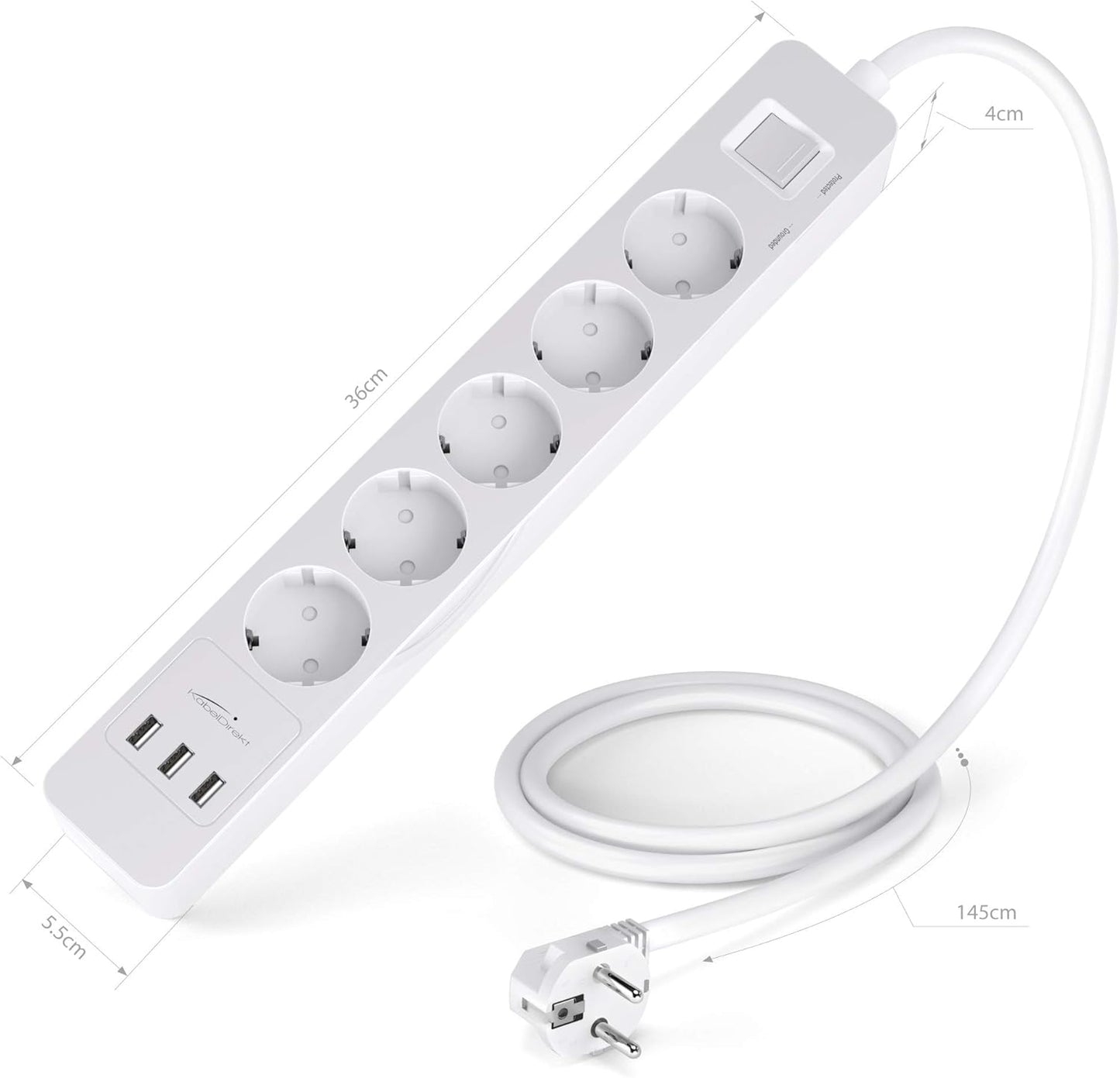 KabelDirekt Prises 5 prises avec protection contre les surtensions Station de charge USB 3 prises (max. 4000 W/250 V/16 A avec protection haute tension, blanc)