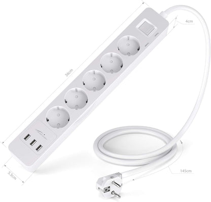 KabelDirekt Prises 5 prises avec protection contre les surtensions Station de charge USB 3 prises (max. 4000 W/250 V/16 A avec protection haute tension, blanc)