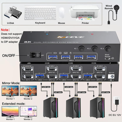 KCEVE USB 3.0 KVM Switch 3 PC 2 Monitore Displayport, KVM Switch 4K@144Hz 8K@30Hz, KVM Switch Dual Monitor Displayport 1.4, KVM Switches 2 Monitore für 3 PC und Maus Tastatur