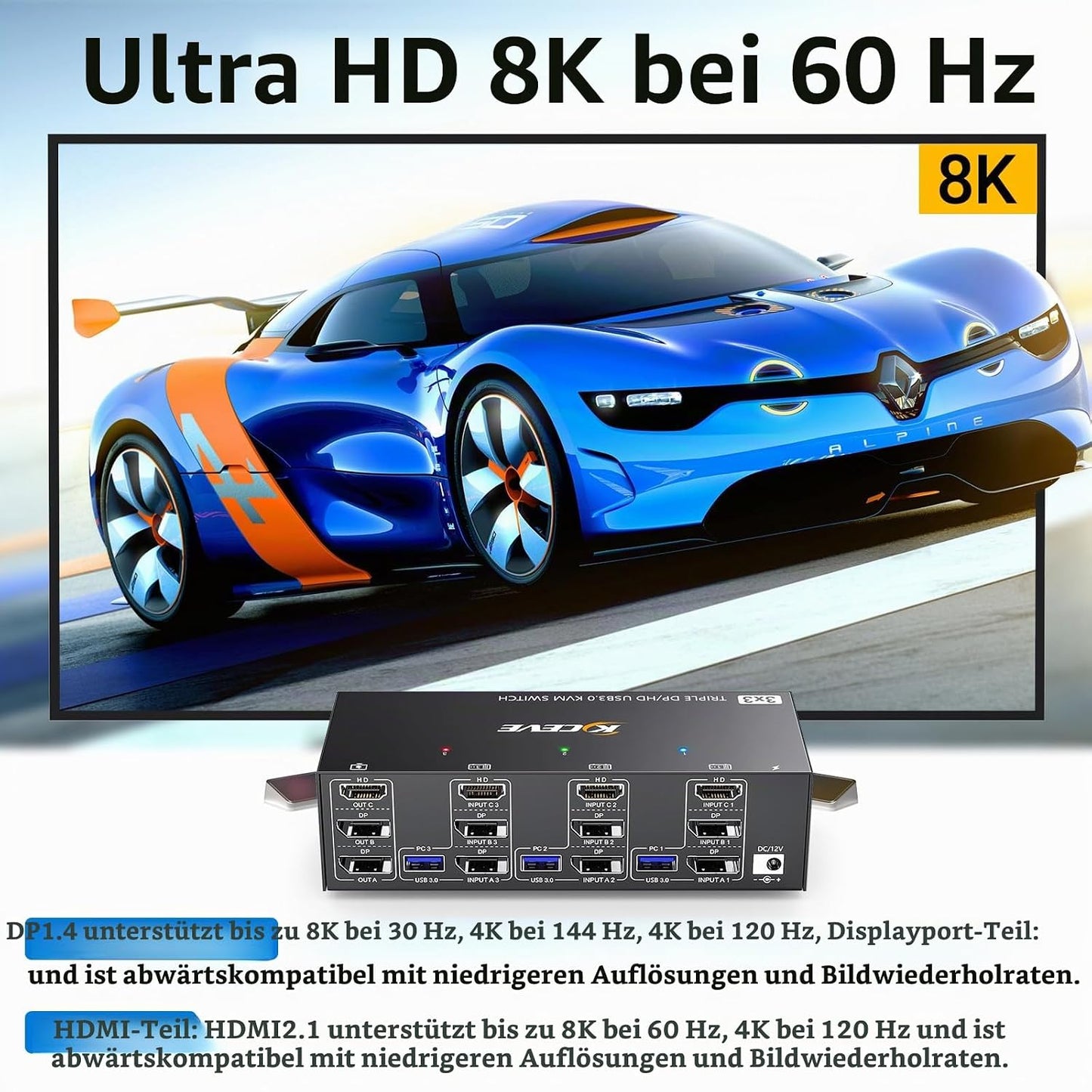 KCEVE HDMI + DisplayPort USB 3.0  KVM Switch 3 Computer 3 Monitore