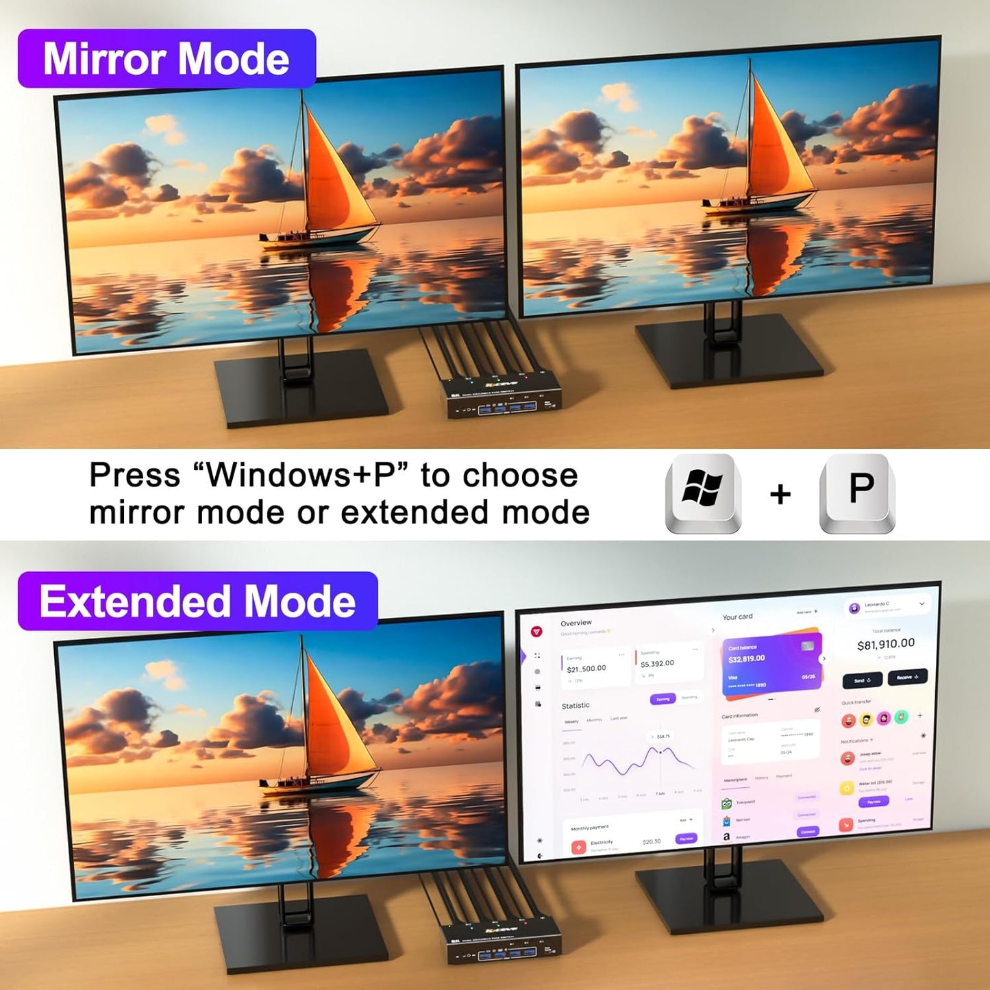 KCEVE USB 3.0 KVM Switch 3 PC 2 Monitore Displayport, KVM Switch 4K@144Hz 8K@30Hz, KVM Switch Dual Monitor Displayport 1.4, KVM Switches 2 Monitore für 3 PC und Maus Tastatur
