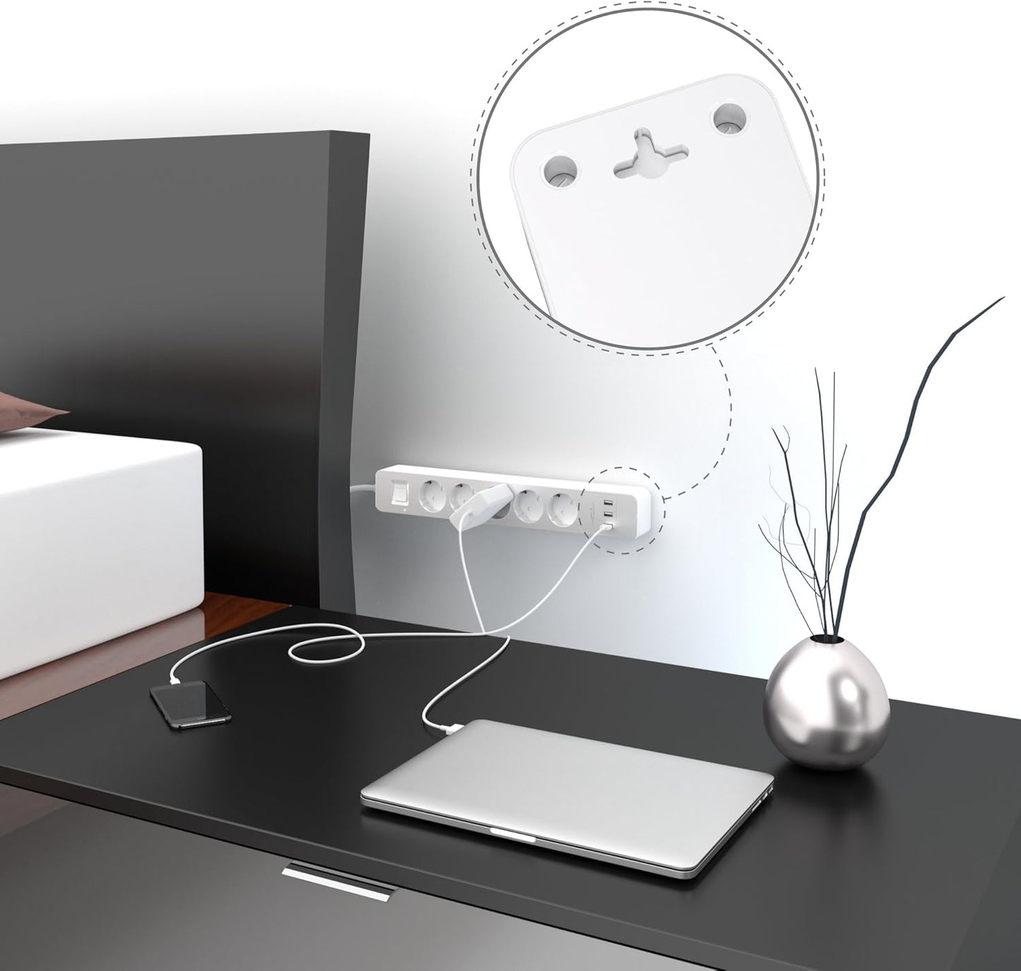 KabelDirekt Prises 5 prises avec protection contre les surtensions Station de charge USB 3 prises (max. 4000 W/250 V/16 A avec protection haute tension, blanc)
