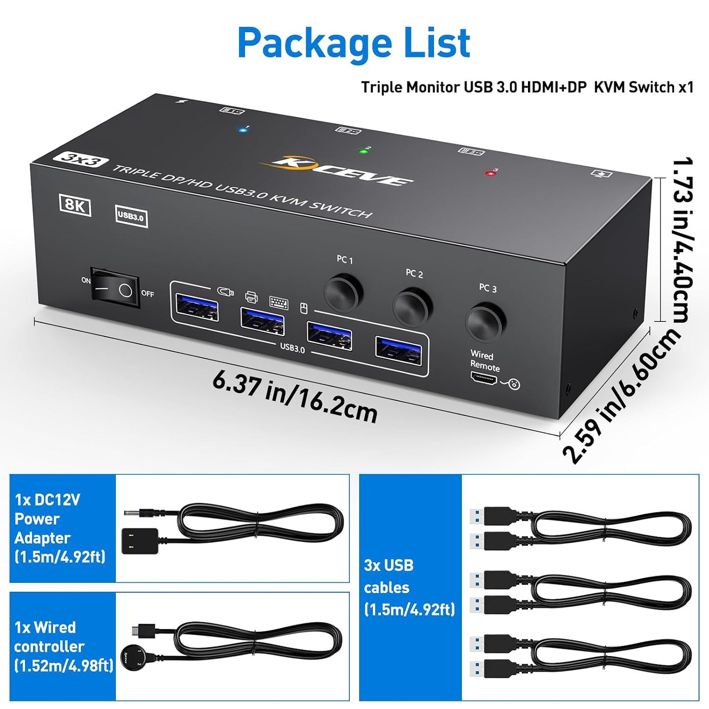 KCEVE HDMI + DisplayPort USB 3.0  KVM Switch 3 Computer 3 Monitore