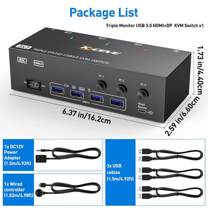 KCEVE HDMI + DisplayPort USB 3.0  KVM Switch 3 Computer 3 Monitore
