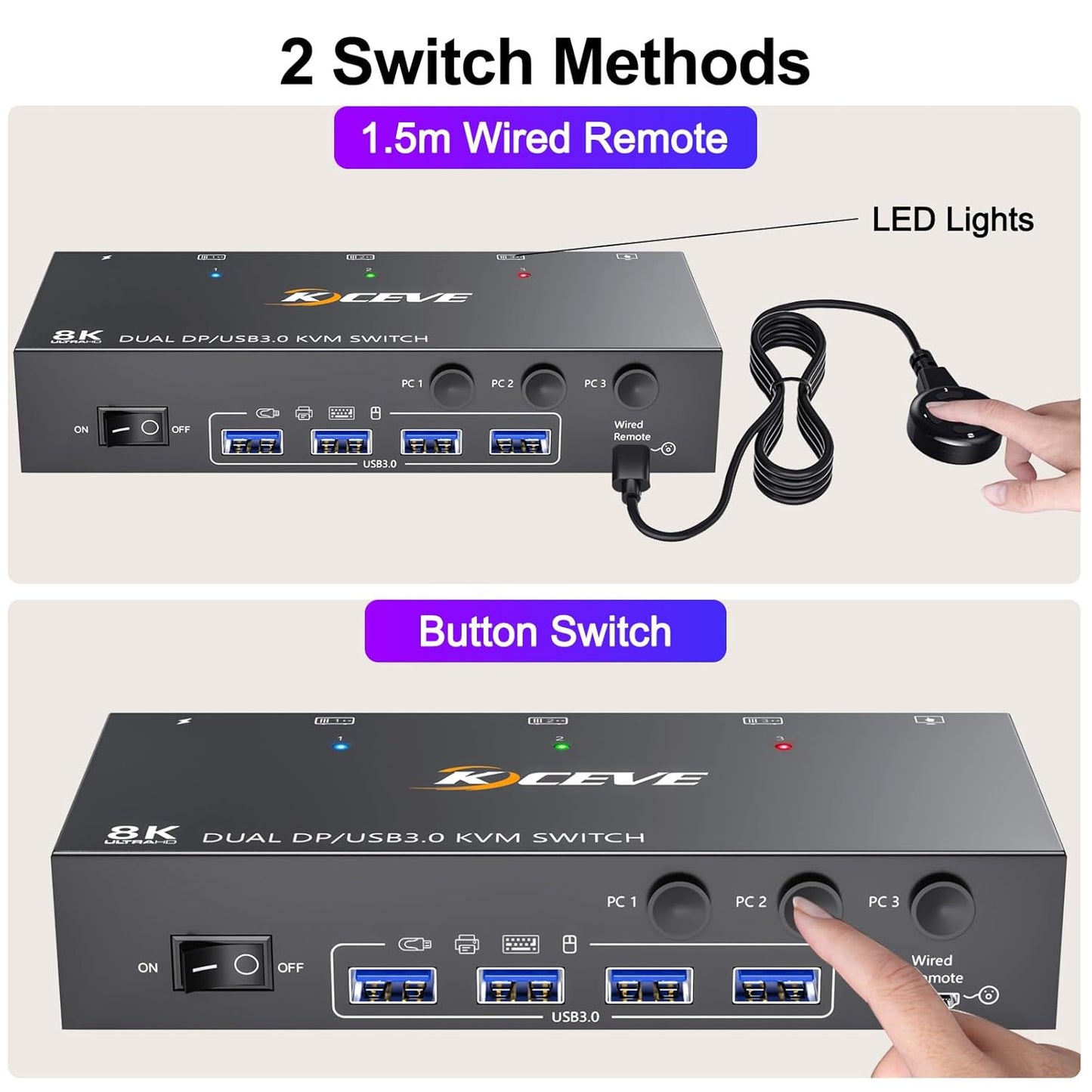 KCEVE USB 3.0 KVM Switch 3 PC 2 Monitore Displayport, KVM Switch 4K@144Hz 8K@30Hz, KVM Switch Dual Monitor Displayport 1.4, KVM Switches 2 Monitore für 3 PC und Maus Tastatur