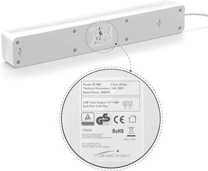 KabelDirekt Prises 5 prises avec protection contre les surtensions Station de charge USB 3 prises (max. 4000 W/250 V/16 A avec protection haute tension, blanc)