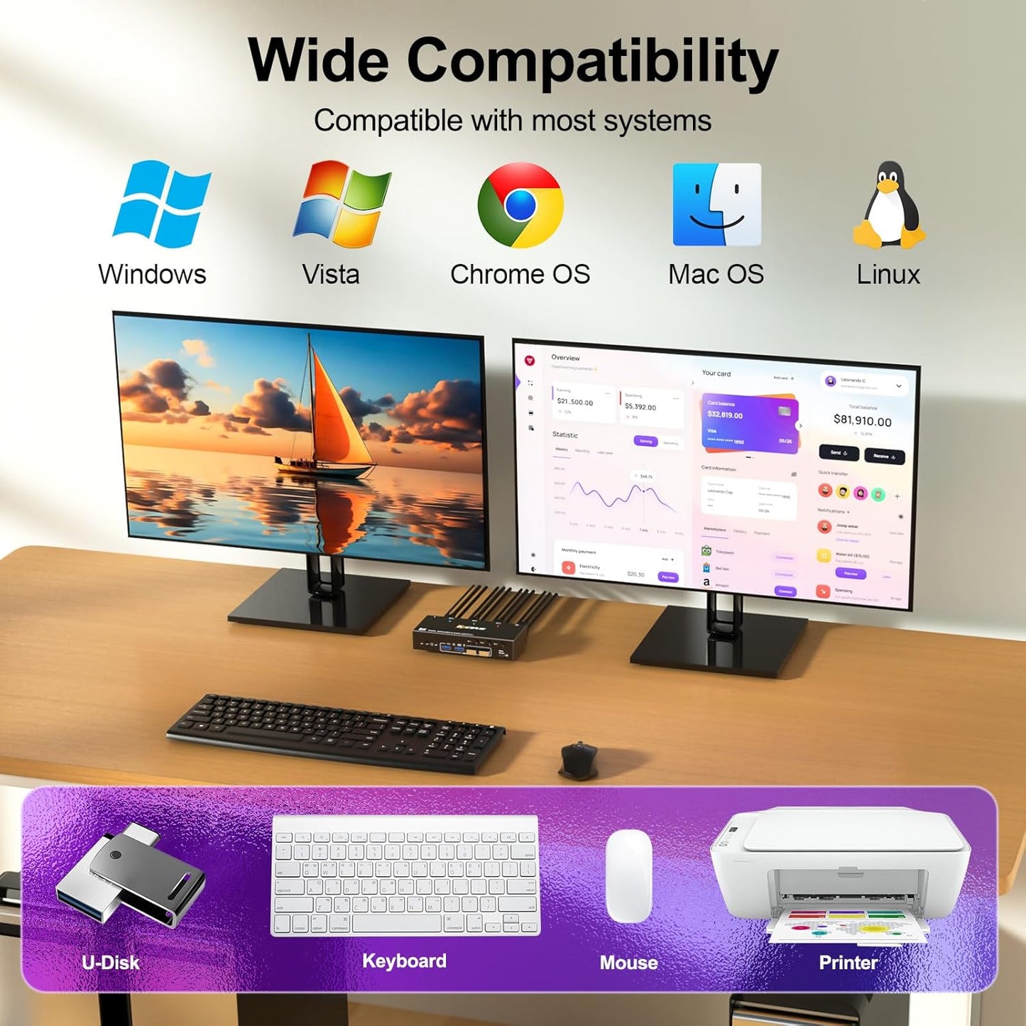 KCEVE USB 3.0 KVM Switch 3 PC 2 Monitore Displayport, KVM Switch 4K@144Hz 8K@30Hz, KVM Switch Dual Monitor Displayport 1.4, KVM Switches 2 Monitore für 3 PC und Maus Tastatur