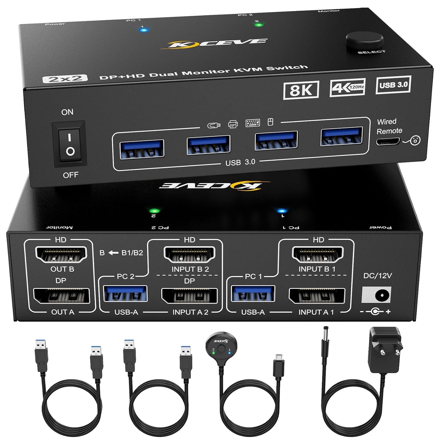 KCEVE KVM Switch 2 PC 2 Monitore 8K, Displayport + HDMI USB 3.0 KVM Umschalter für zwei Monitore