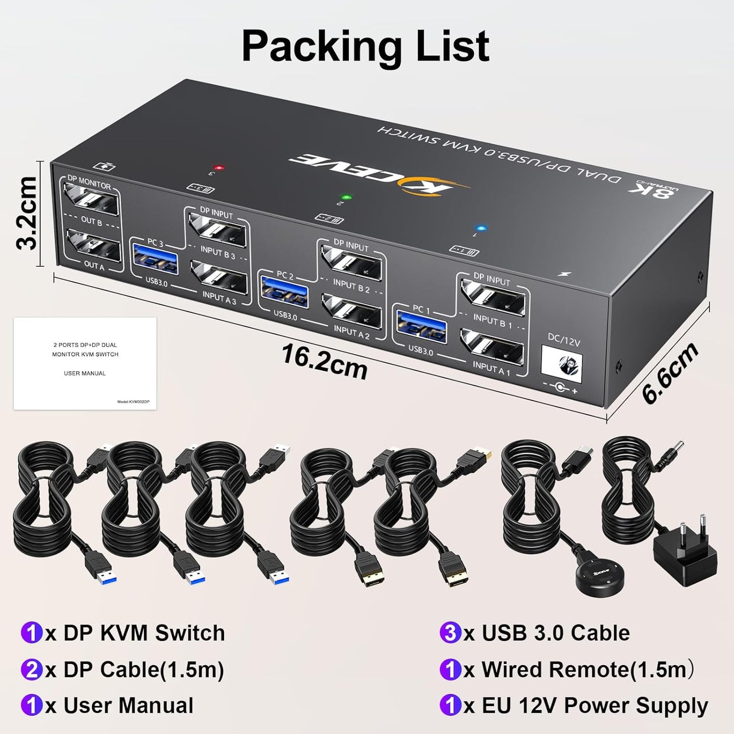 KCEVE USB 3.0 KVM Switch 3 PC 2 Monitore Displayport, KVM Switch 4K@144Hz 8K@30Hz, KVM Switch Dual Monitor Displayport 1.4, KVM Switches 2 Monitore für 3 PC und Maus Tastatur