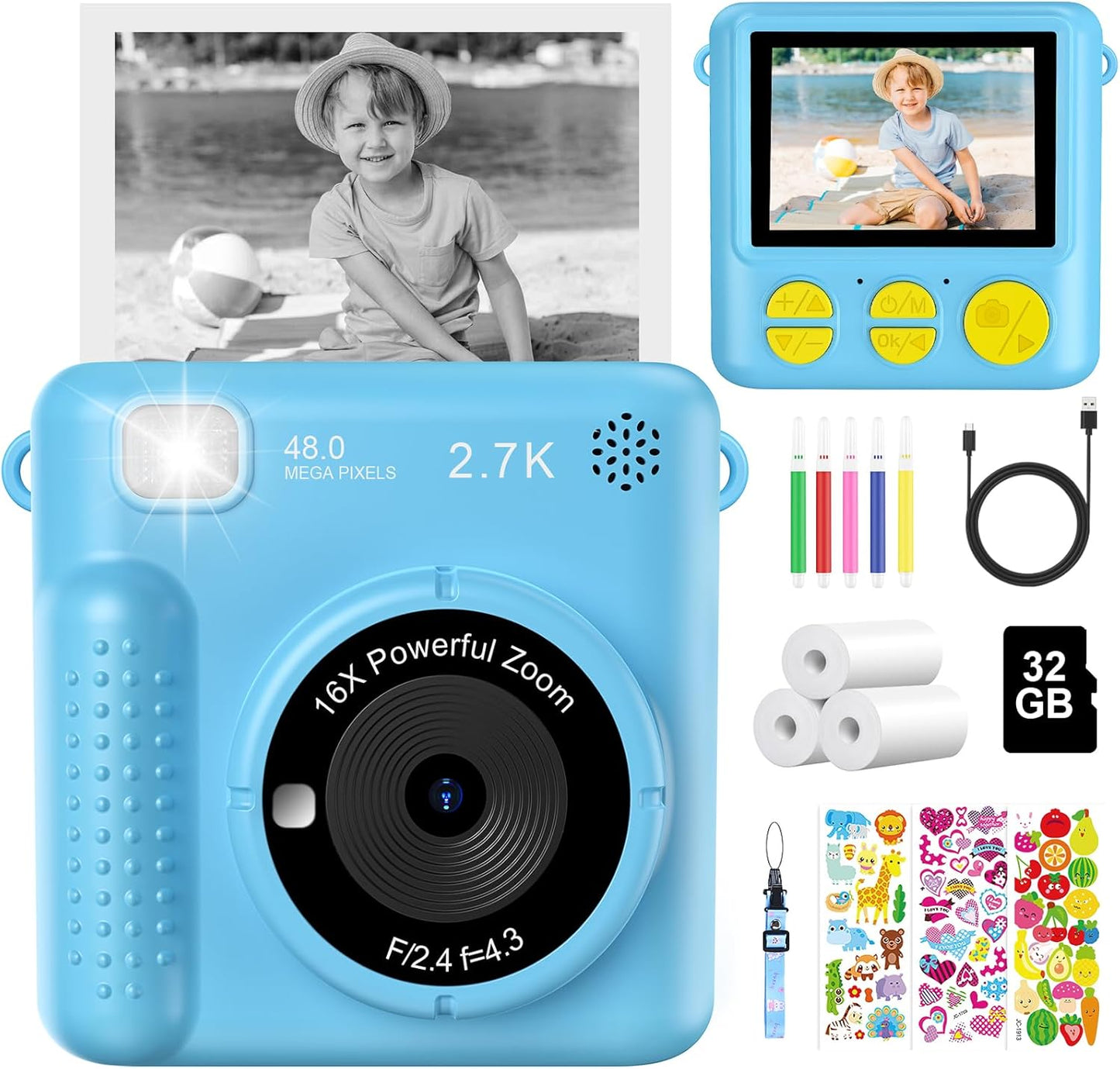 Kinderkamera mit Sofortdruck, 2,4 Zoll 1080P HD-Digitalkamera mit Druckpapier und 32-GB-Karte,