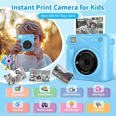 Kinderkamera mit Sofortdruck, 2,4 Zoll 1080P HD-Digitalkamera mit Druckpapier und 32-GB-Karte,