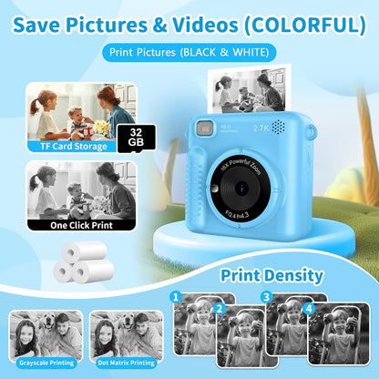 Kinderkamera mit Sofortdruck, 2,4 Zoll 1080P HD-Digitalkamera mit Druckpapier und 32-GB-Karte,