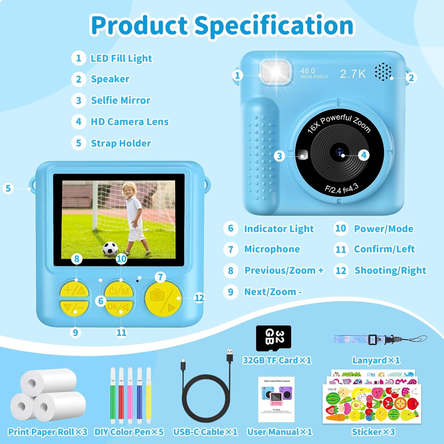 Kinderkamera mit Sofortdruck, 2,4 Zoll 1080P HD-Digitalkamera mit Druckpapier und 32-GB-Karte,