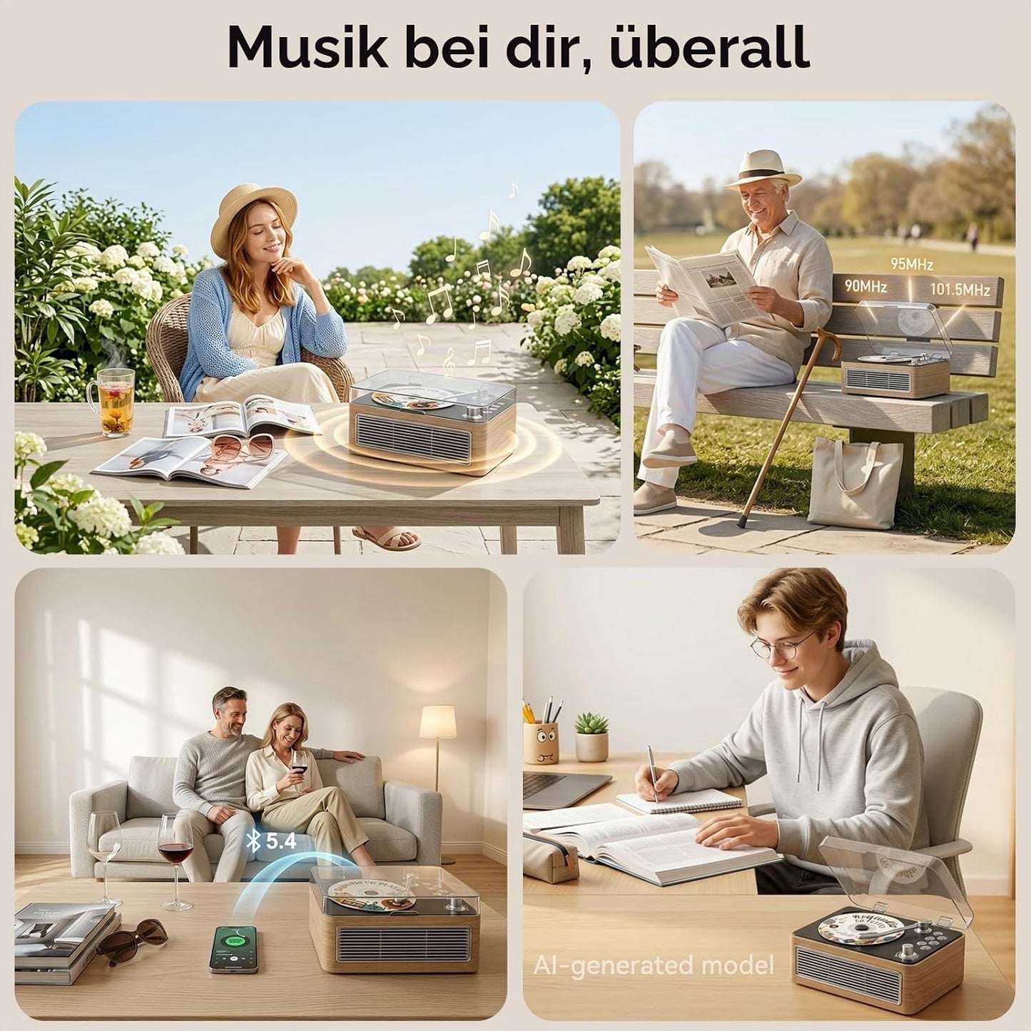 Radio mit CD Player Tragbar mit Bluetooth Retro-Design mit Lautsprecher, Fernbedienung