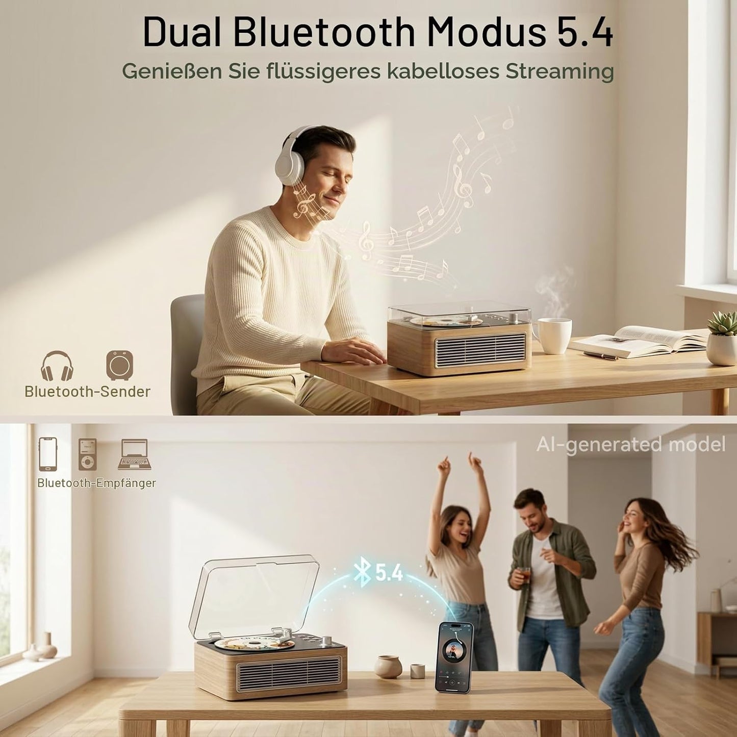 Radio mit CD Player Tragbar mit Bluetooth Retro-Design mit Lautsprecher, Fernbedienung