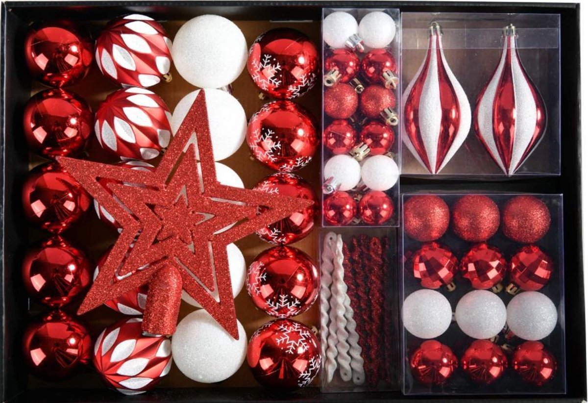 Weihnachtskugeln, Weihnachtsdekorationsset, Rot und Weiß, 68 Stück, in 10 Farben,