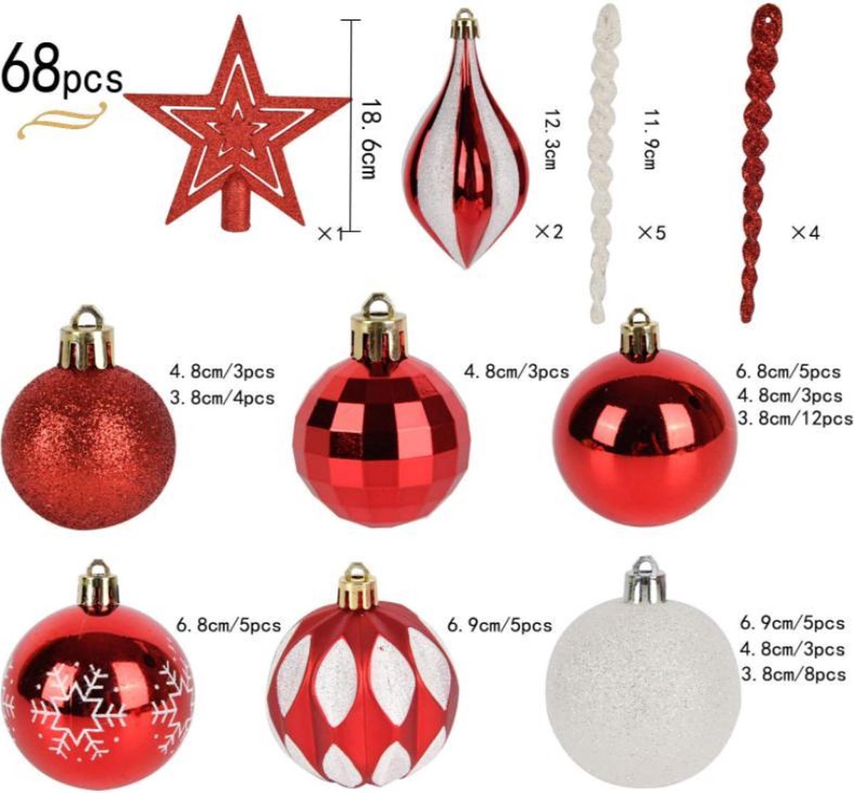 Weihnachtskugeln, Weihnachtsdekorationsset, Rot und Weiß, 68 Stück, in 10 Farben,