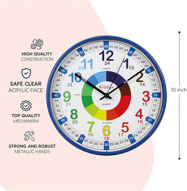 Kiddus Time Teacher Wanduhr für Kinder. 30cm Analoger Zeitlehrer mit Zeit Lernübungen. Stilles Uhr. Viele Sprachen. Blau